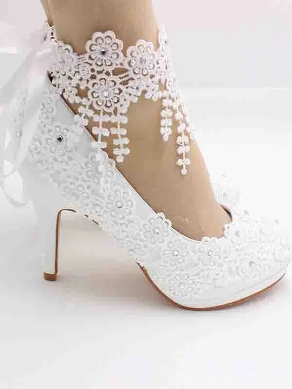 Women's Wedding Shoes Decorative White Lace Wedding Heels Bridal Shoes, H84 sold by ChicSew
