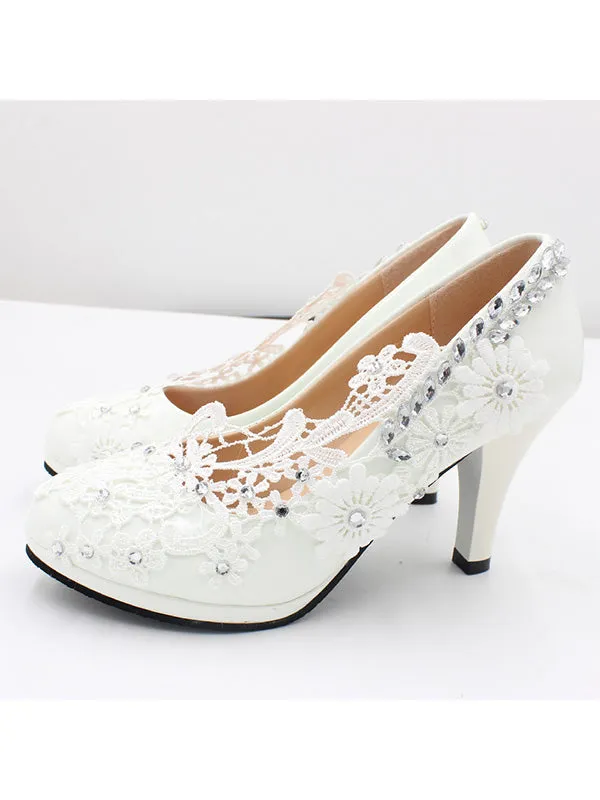 Lace Silver Sequins Decorated White Wedding Shoes High Heels Women's Wedding Shoes sold by ChicSew