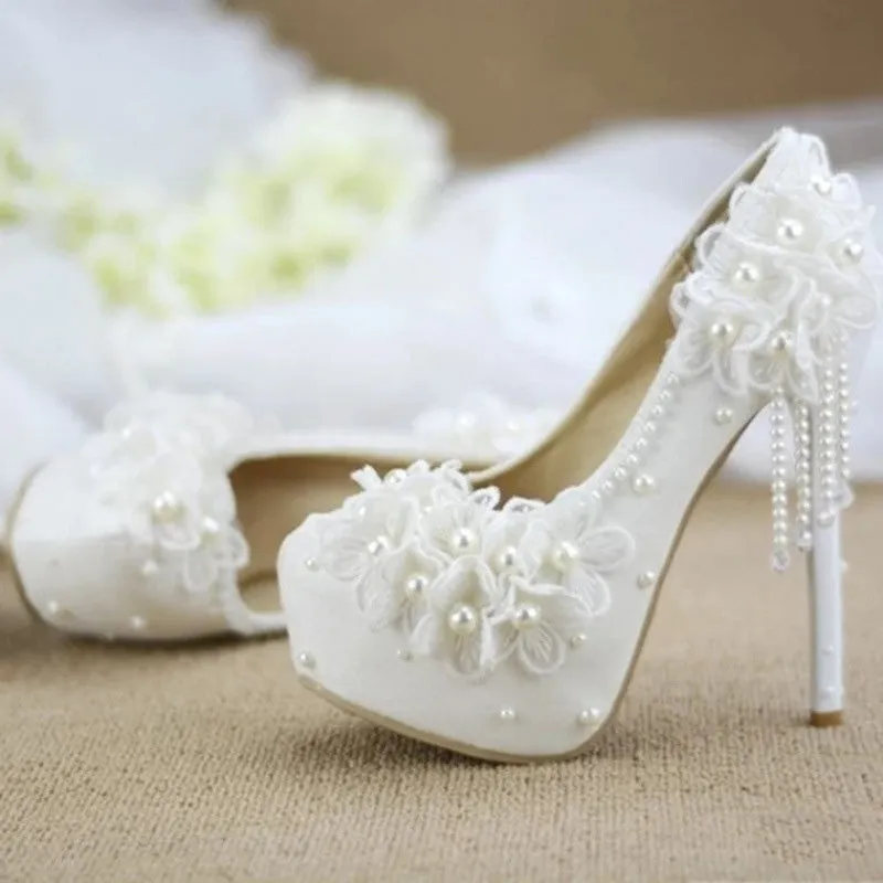 Princess Lace High Heels, Flower Rhinestone Tassel Bridal Wedding Shoes Bridesmaid Shoes sold by ChicSew product image thumbnail 4