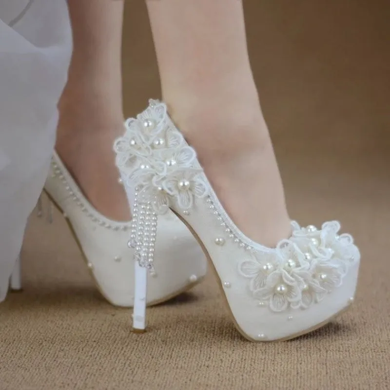 Princess Lace High Heels, Flower Rhinestone Tassel Bridal Wedding Shoes Bridesmaid Shoes sold by ChicSew product image thumbnail 3