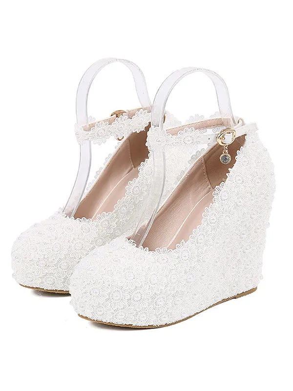 Buckle Wedge Lace White Wedding Shoes sold by ChicSew