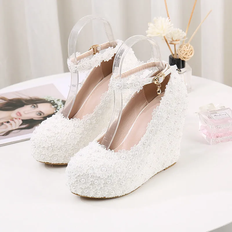 Buckle Wedge Lace White Wedding Shoes sold by ChicSew product image thumbnail 4