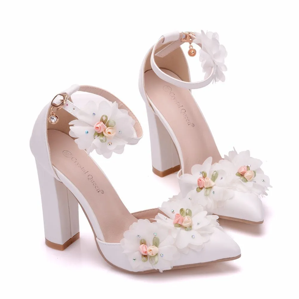 Women's Wedding Shoes Beautiful White Flower Wedding Shoes, Thick Heel Pointed Toe High Heels sold by ChicSew product image thumbnail 3