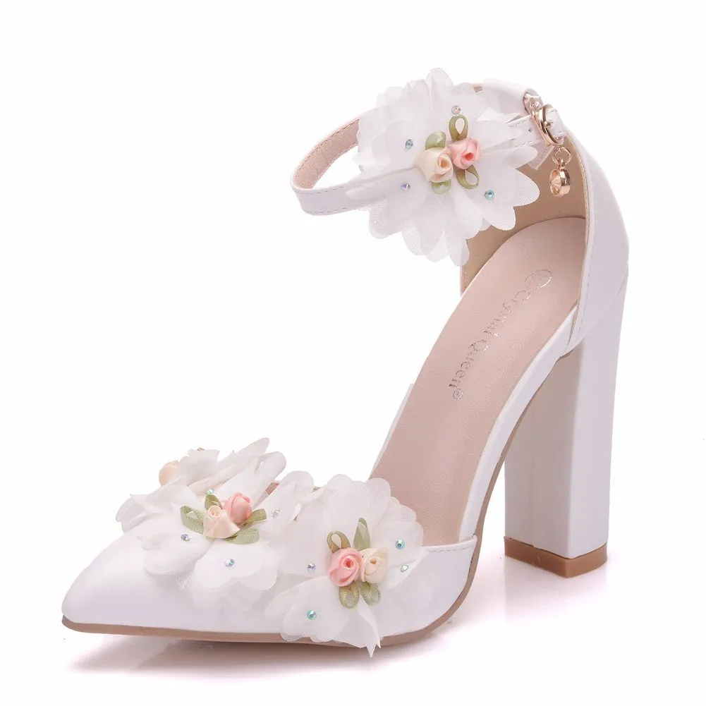 Women's Wedding Shoes Beautiful White Flower Wedding Shoes, Thick Heel Pointed Toe High Heels sold by ChicSew product image thumbnail 4