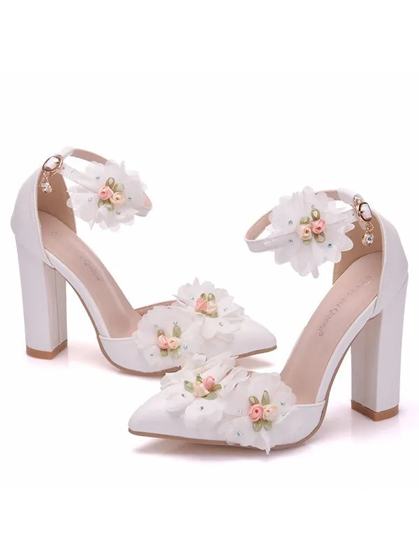 Women's Wedding Shoes Beautiful White Flower Wedding Shoes, Thick Heel Pointed Toe High Heels sold by ChicSew
