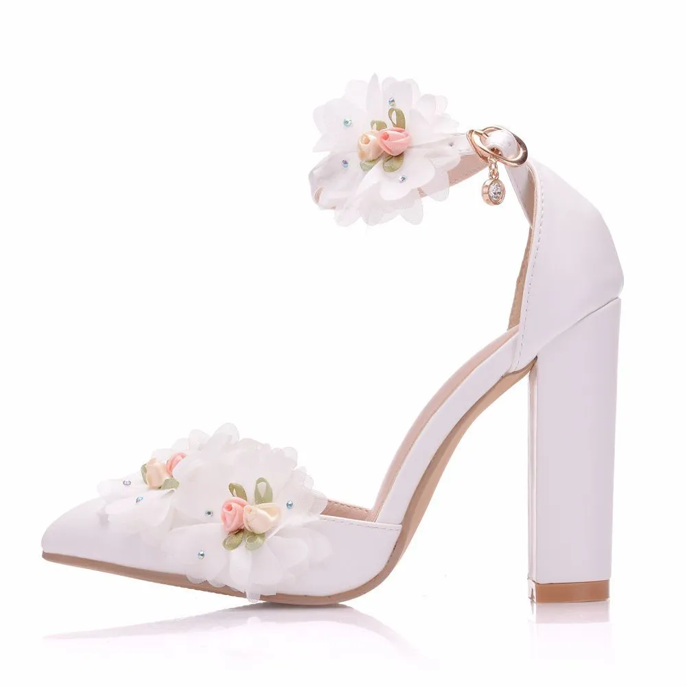 Women's Wedding Shoes Beautiful White Flower Wedding Shoes, Thick Heel Pointed Toe High Heels sold by ChicSew product image thumbnail 2