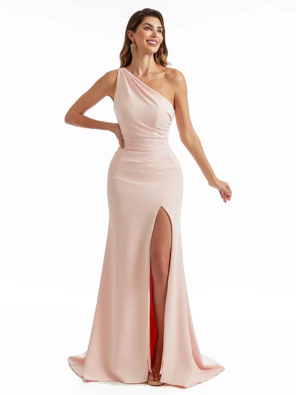 Sexy Side Split Mermaid One Shoulder Stretch Crepe Long Bridesmaid Dresses Online sold by ChicSew