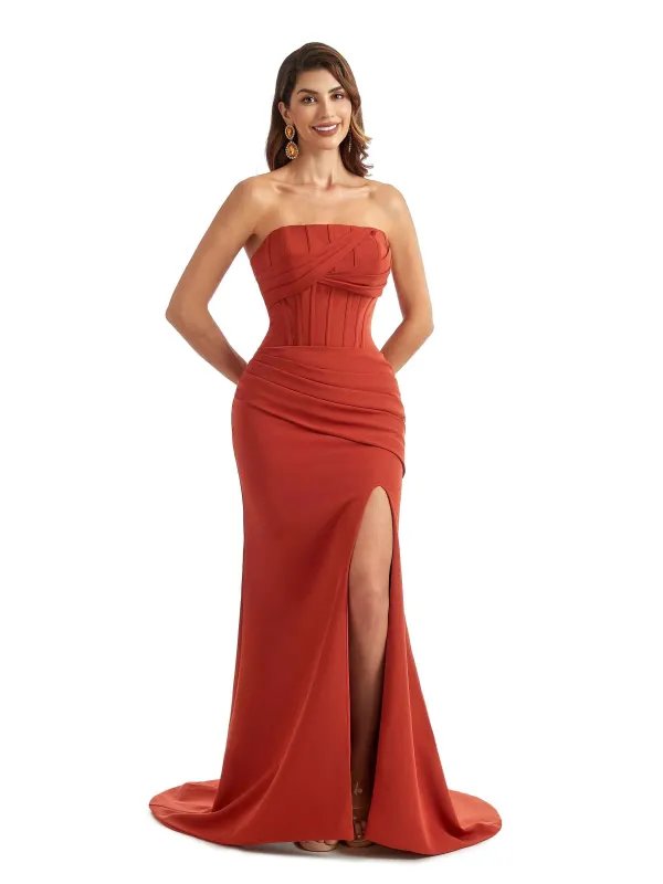 Sexy Side Split Mermaid Sweetheart Stretch Crepe Long Modern Bridesmaid Dresses sold by ChicSew