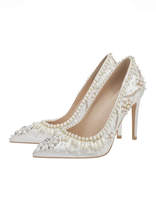 Pointed Toe Ivory Pearl Toe High Heel Bridal Wedding Shoes sold by ChicSew