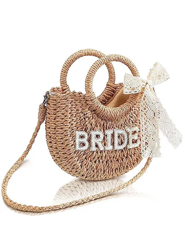 Straw Purse Handwoven Bag Rhinestone Letter Patches Bag Bachelorette Party Honeymoon Wedding Bridal Shower Bag sold by ChicSew