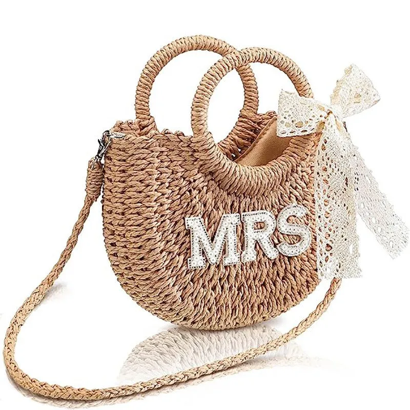 Straw Purse Handwoven Bag Rhinestone Letter Patches Bag Bachelorette Party Honeymoon Wedding Bridal Shower Bag sold by ChicSew product image thumbnail 2