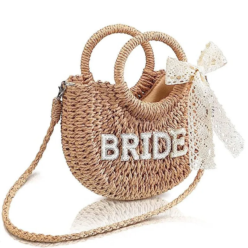 Straw Purse Handwoven Bag Rhinestone Letter Patches Bag Bachelorette Party Honeymoon Wedding Bridal Shower Bag sold by ChicSew product image thumbnail 3