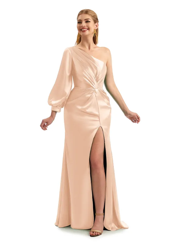 Flowy One-Shoulder Satin Bridesmaid Dress with Sleeves sold by ChicSew