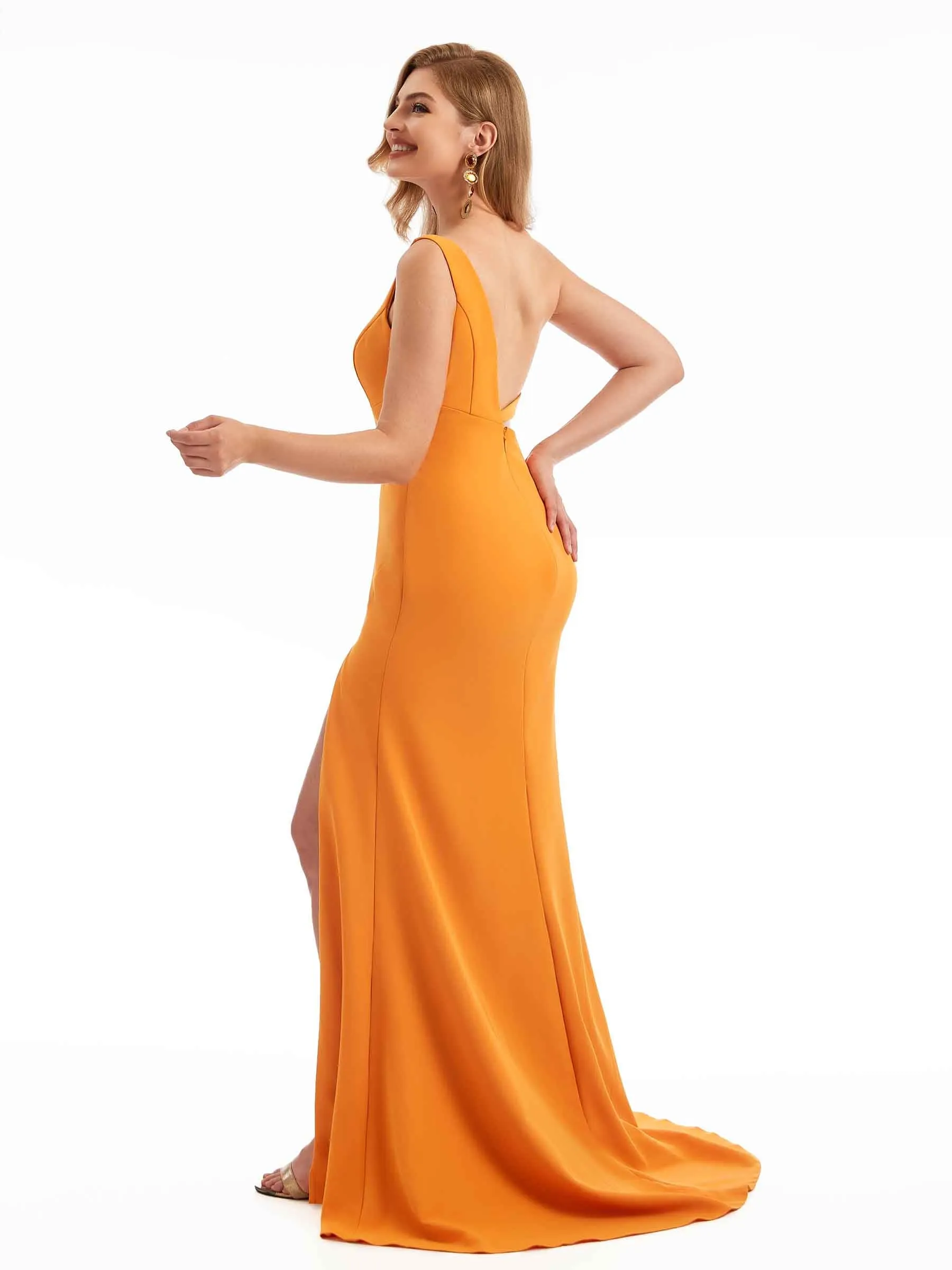Elegant Side Split Mermaid One Shoulder Stretch Crepe Long Wedding Guest Dresses Online sold by ChicSew product image thumbnail 3