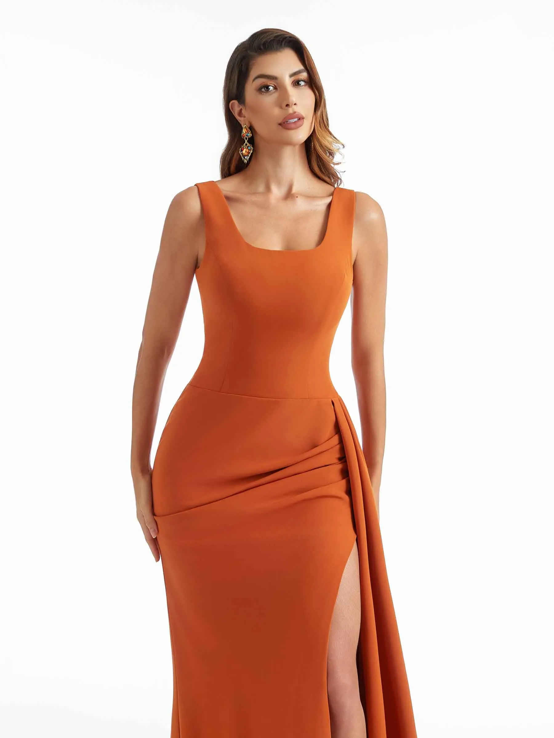 Sexy Side Split Mermaid Square Neckline Stretch Crepe Long Formal Bridesmaid Dresses sold by ChicSew product image thumbnail 2