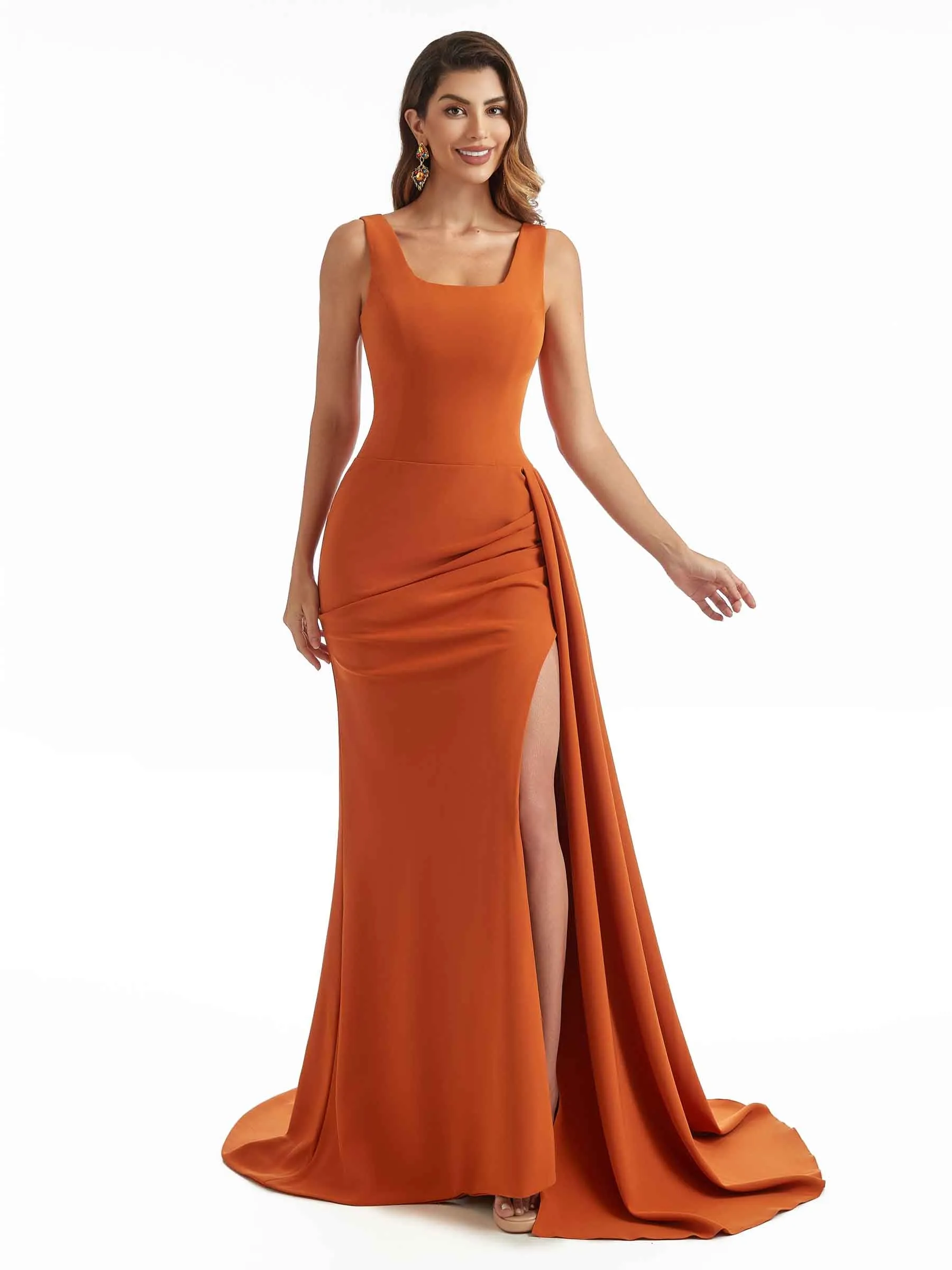 Sexy Side Split Mermaid Square Neckline Stretch Crepe Long Formal Bridesmaid Dresses sold by ChicSew product image thumbnail 5