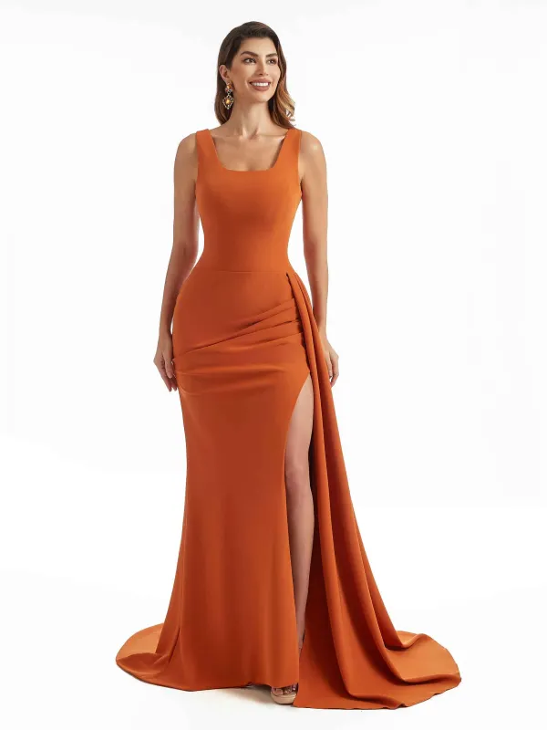Sexy Side Split Mermaid Square Neckline Stretch Crepe Long Formal Bridesmaid Dresses sold by ChicSew