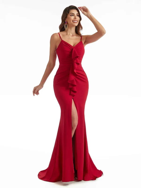 Sexy Side Split Stretch Crepe Ruffles Mermaid Spaghetti Strap Long Bridesmaid Dresses Online sold by ChicSew
