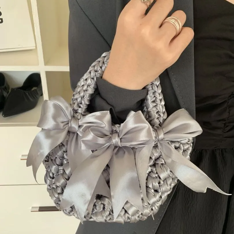 satin basket bucket bag bow woven handbag fashionable versatile single shoulder woven bag sold by ChicSew product image thumbnail 4