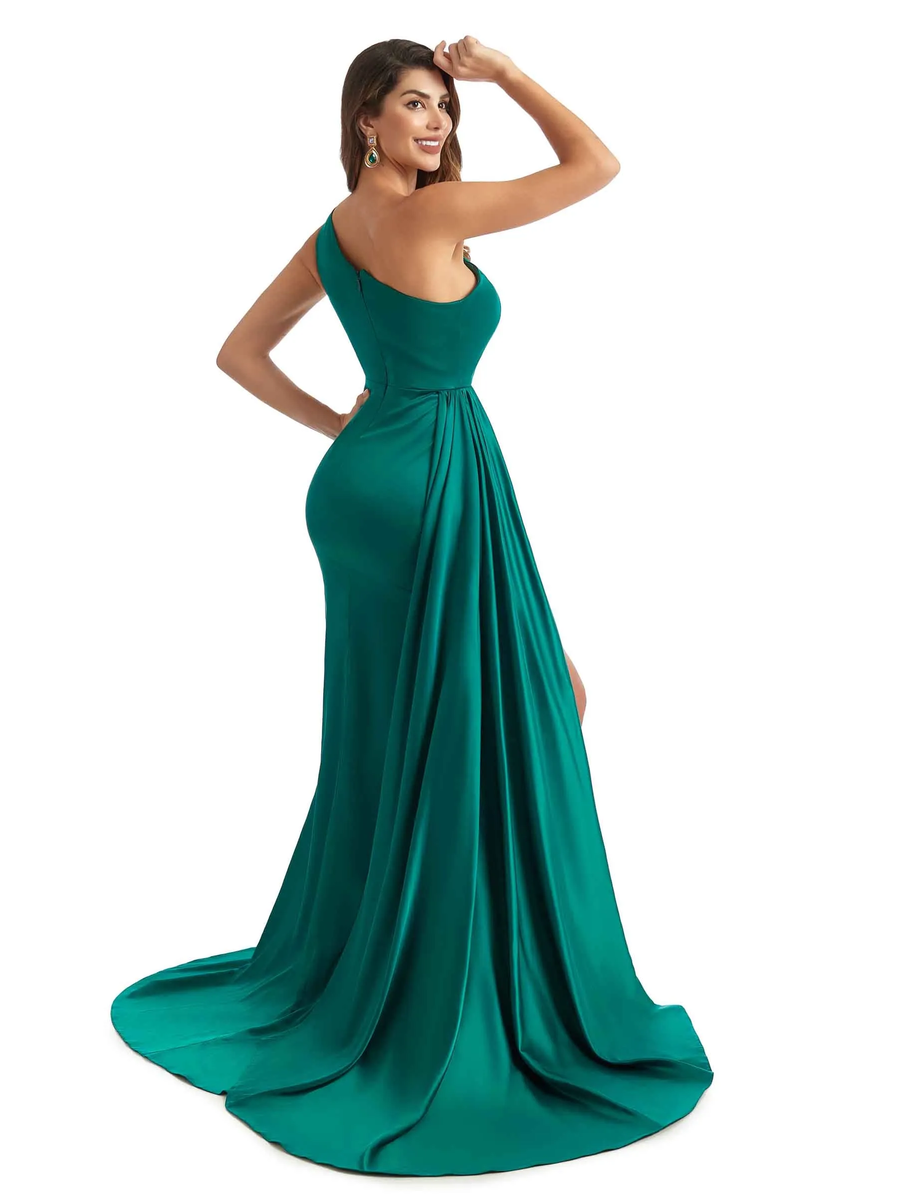 Sexy Side Split One Shoulder Mermaid Silky Satin Long Wedding Party Dresses Online sold by ChicSew product image thumbnail 5