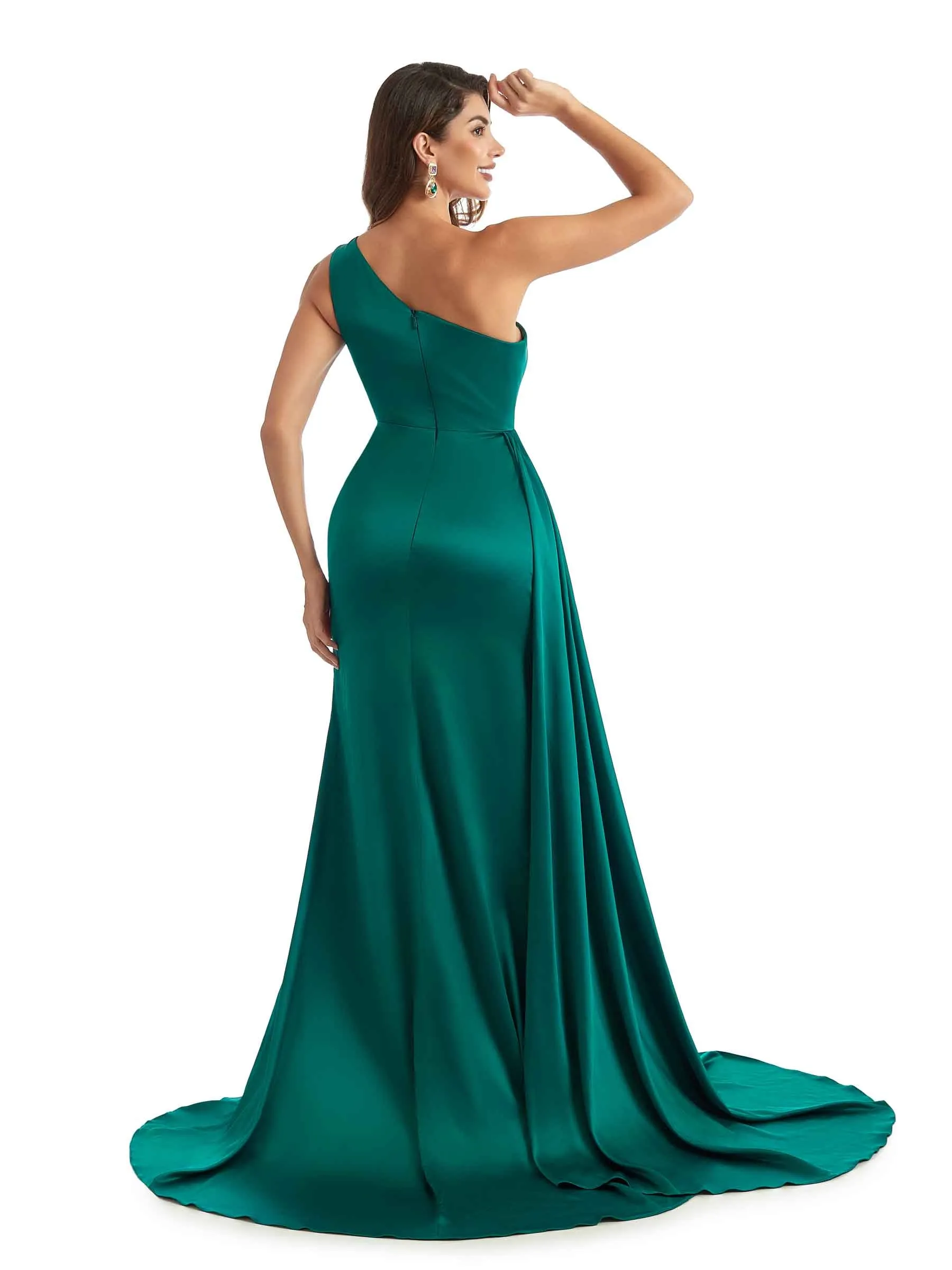 Sexy Side Split One Shoulder Mermaid Silky Satin Long Wedding Party Dresses Online sold by ChicSew product image thumbnail 3