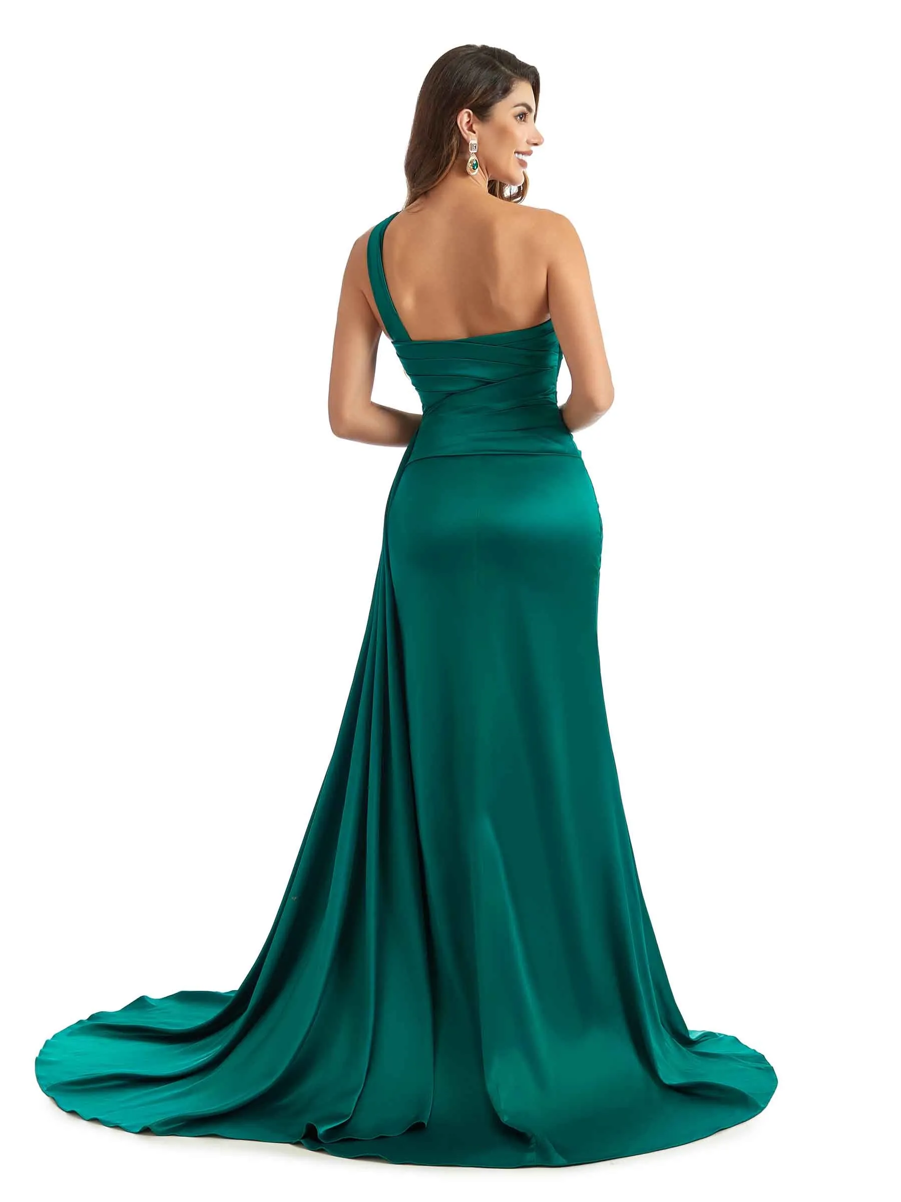 Sexy Side Split One Shoulder Mermaid Silky Satin Chic Long Bridesmaid Dresses Online sold by ChicSew product image thumbnail 4