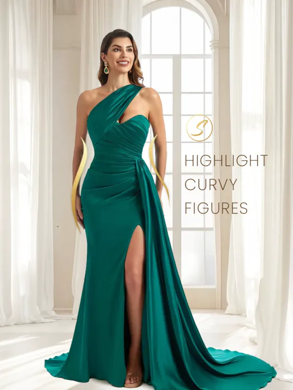 Sexy Side Split One Shoulder Mermaid Silky Satin Chic Long Bridesmaid Dresses Online sold by ChicSew