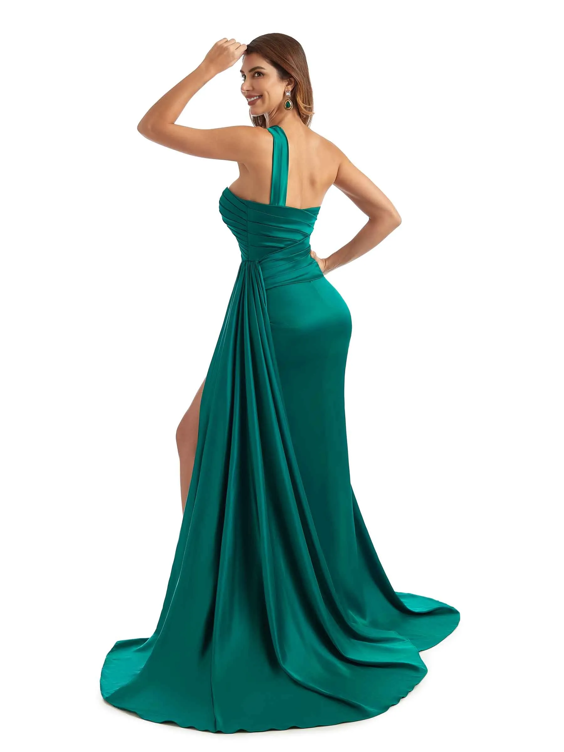 Sexy Side Split One Shoulder Mermaid Silky Satin Chic Long Bridesmaid Dresses Online sold by ChicSew product image thumbnail 5