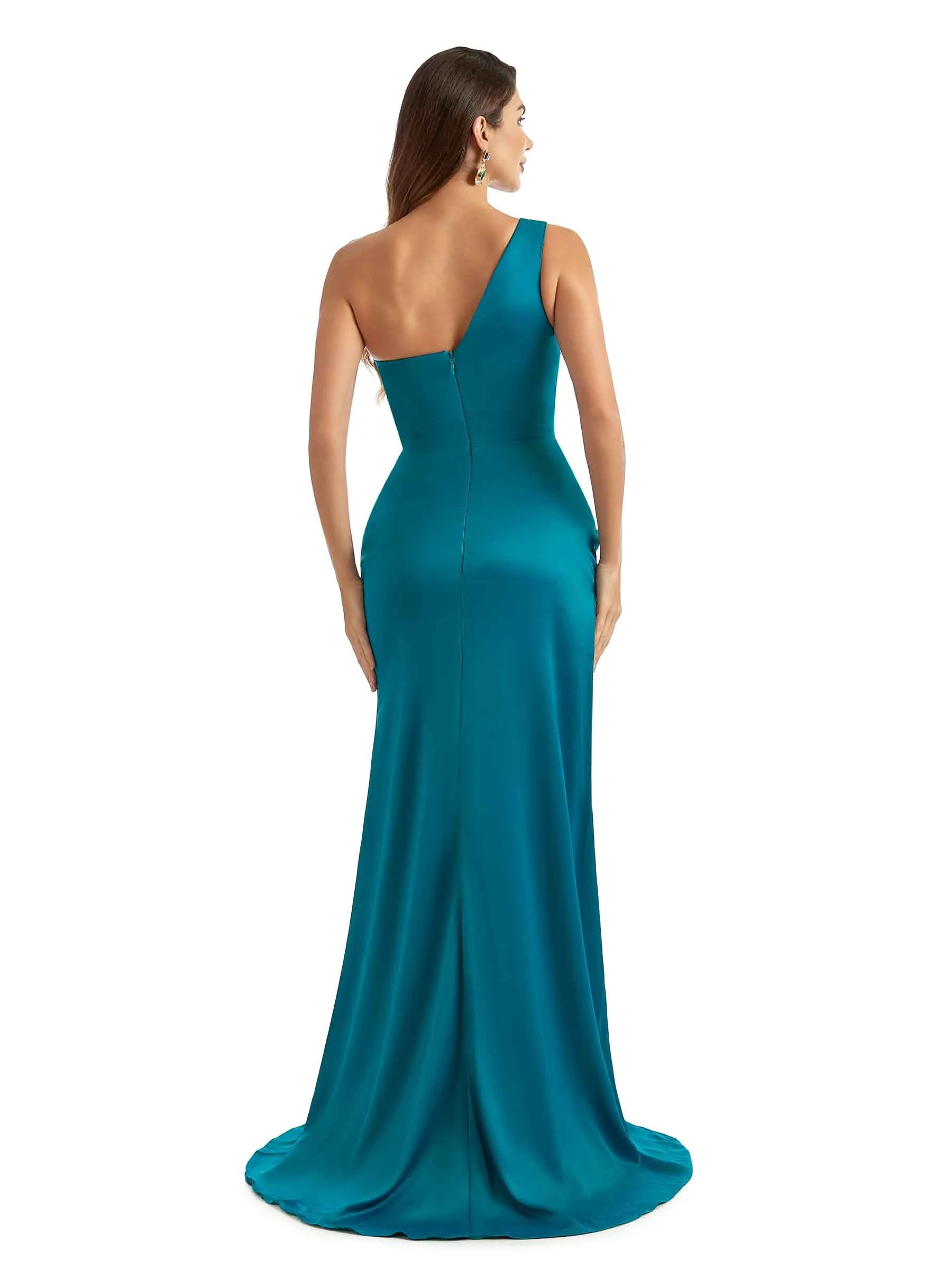 Sexy Side Split One Shoulder Mermaid Stretch Satin Long Bridesmaid Dress For Wedding sold by ChicSew product image thumbnail 3