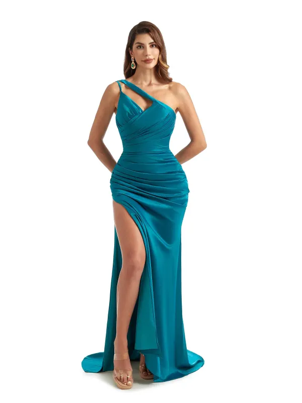 Sexy Side Split One Shoulder Mermaid Stretch Satin Long Bridesmaid Dress For Wedding sold by ChicSew
