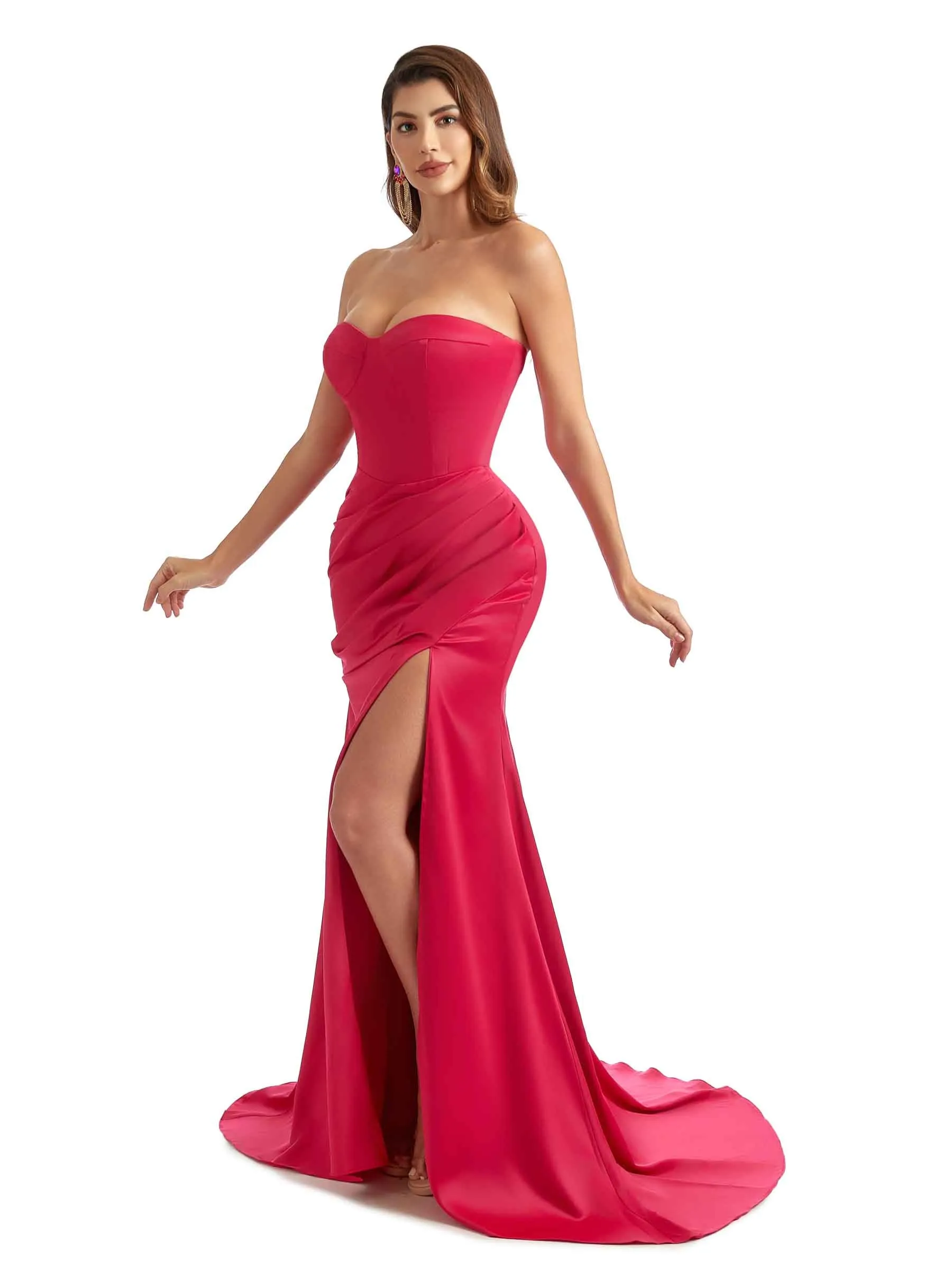 Sexy Side Split Sweetheart Mermaid Satin Trendy Long Bridesmaid Dresses Online sold by ChicSew product image thumbnail 3