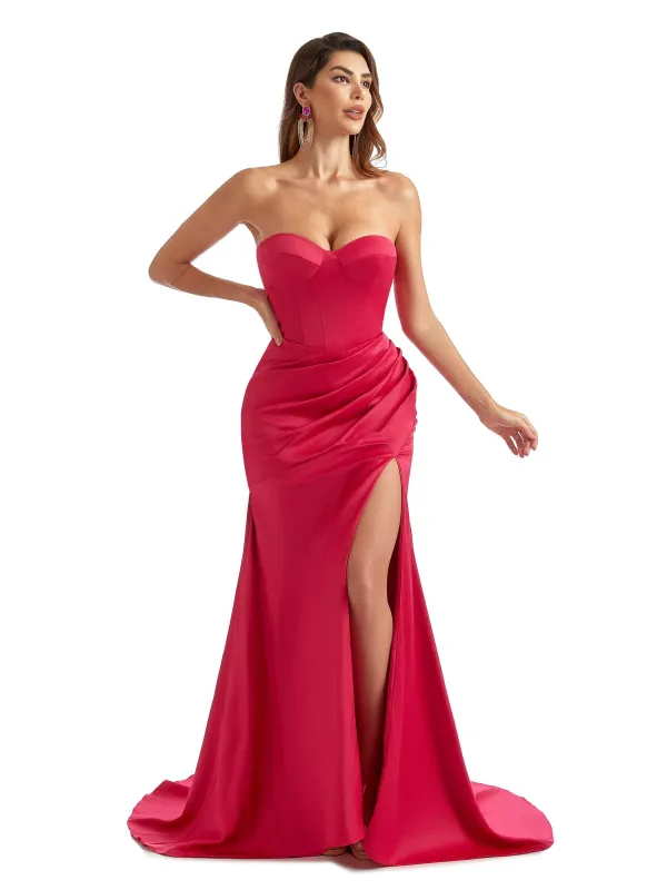 Sexy Side Split Sweetheart Mermaid Satin Trendy Long Bridesmaid Dresses Online sold by ChicSew