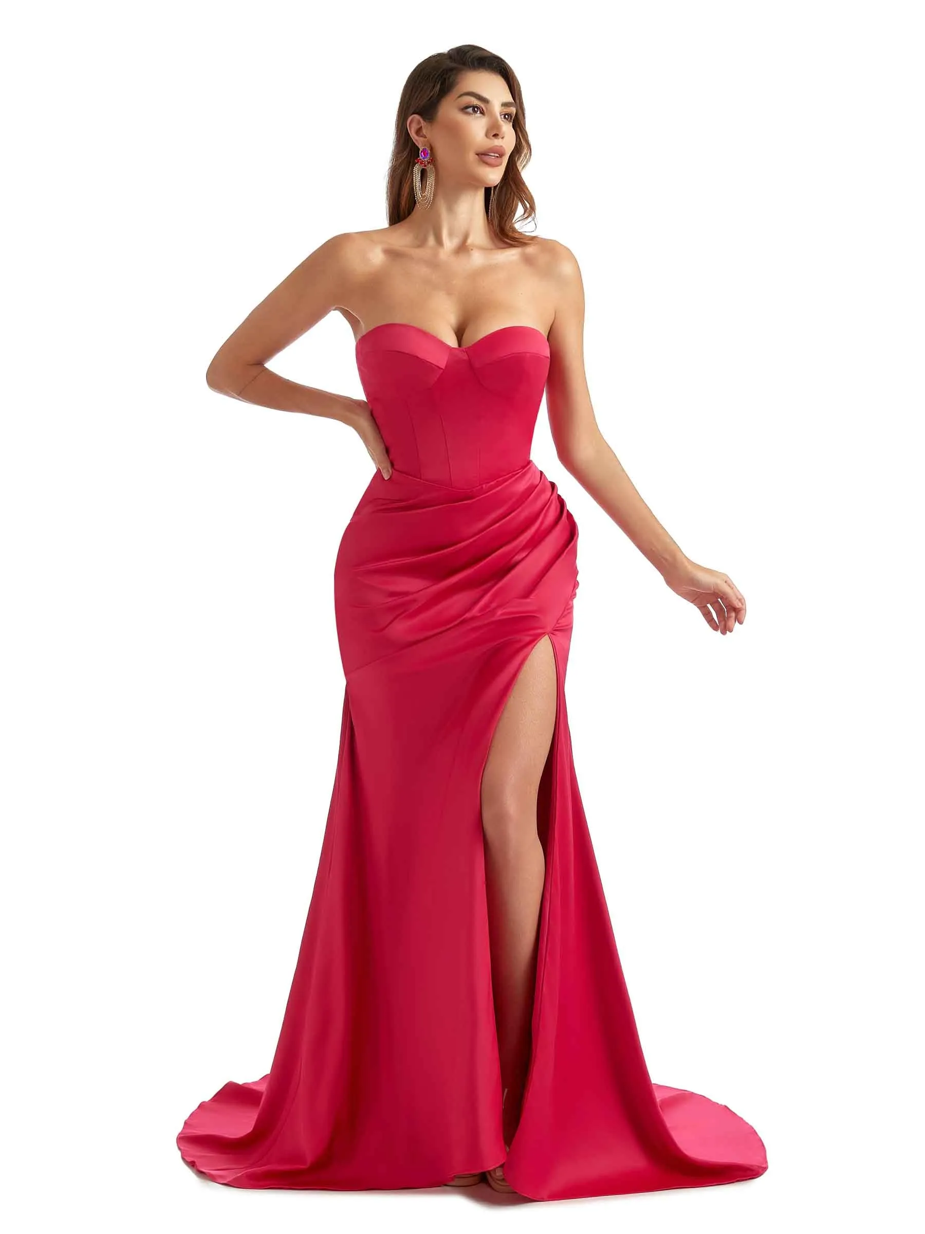 Sexy Side Split Sweetheart Mermaid Satin Trendy Long Bridesmaid Dresses Online sold by ChicSew
