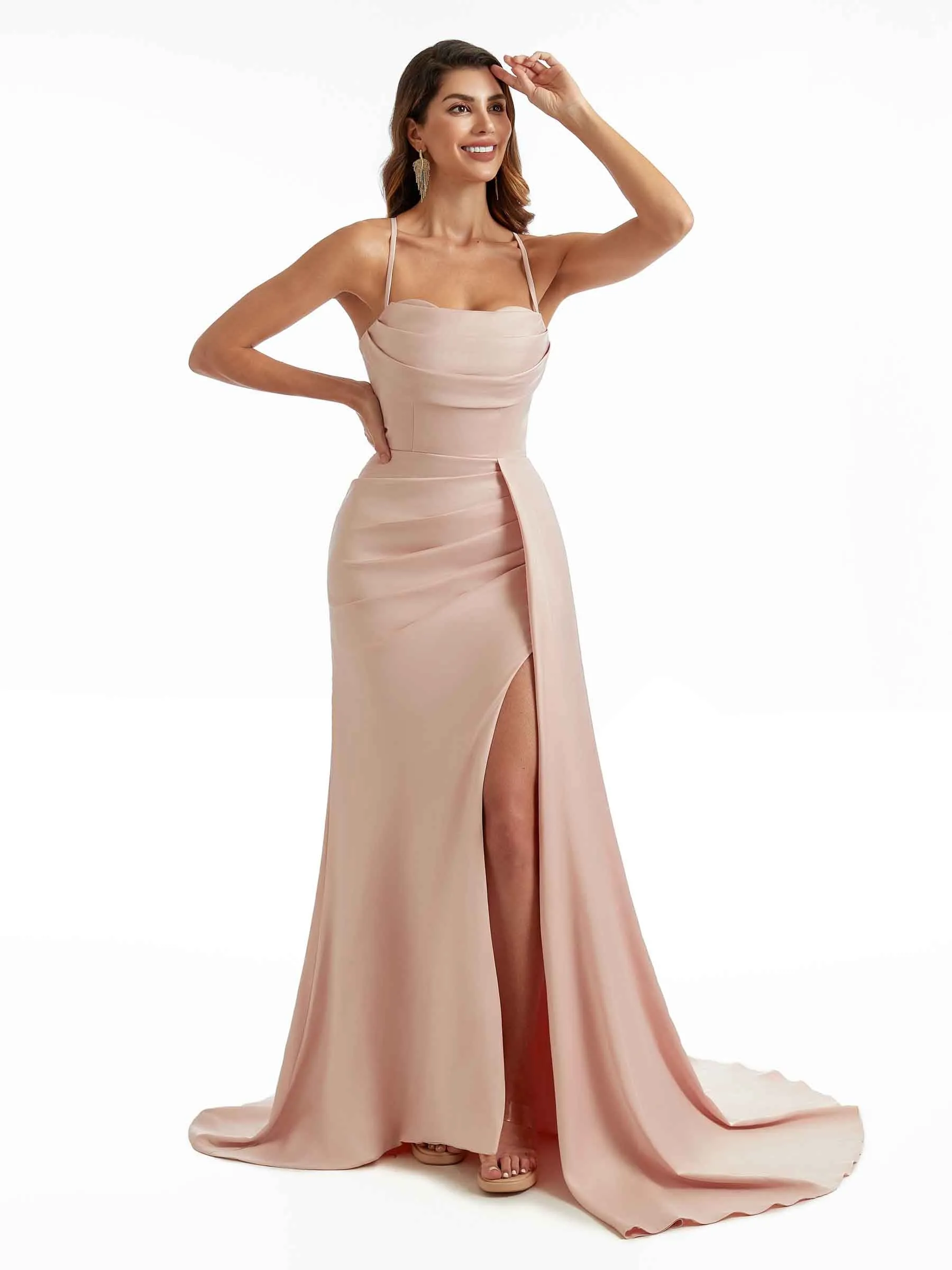 Sexy Side Split Spaghetti Straps Mermaid Long Satin Formal Pleated Bridesmaid Dresses sold by ChicSew