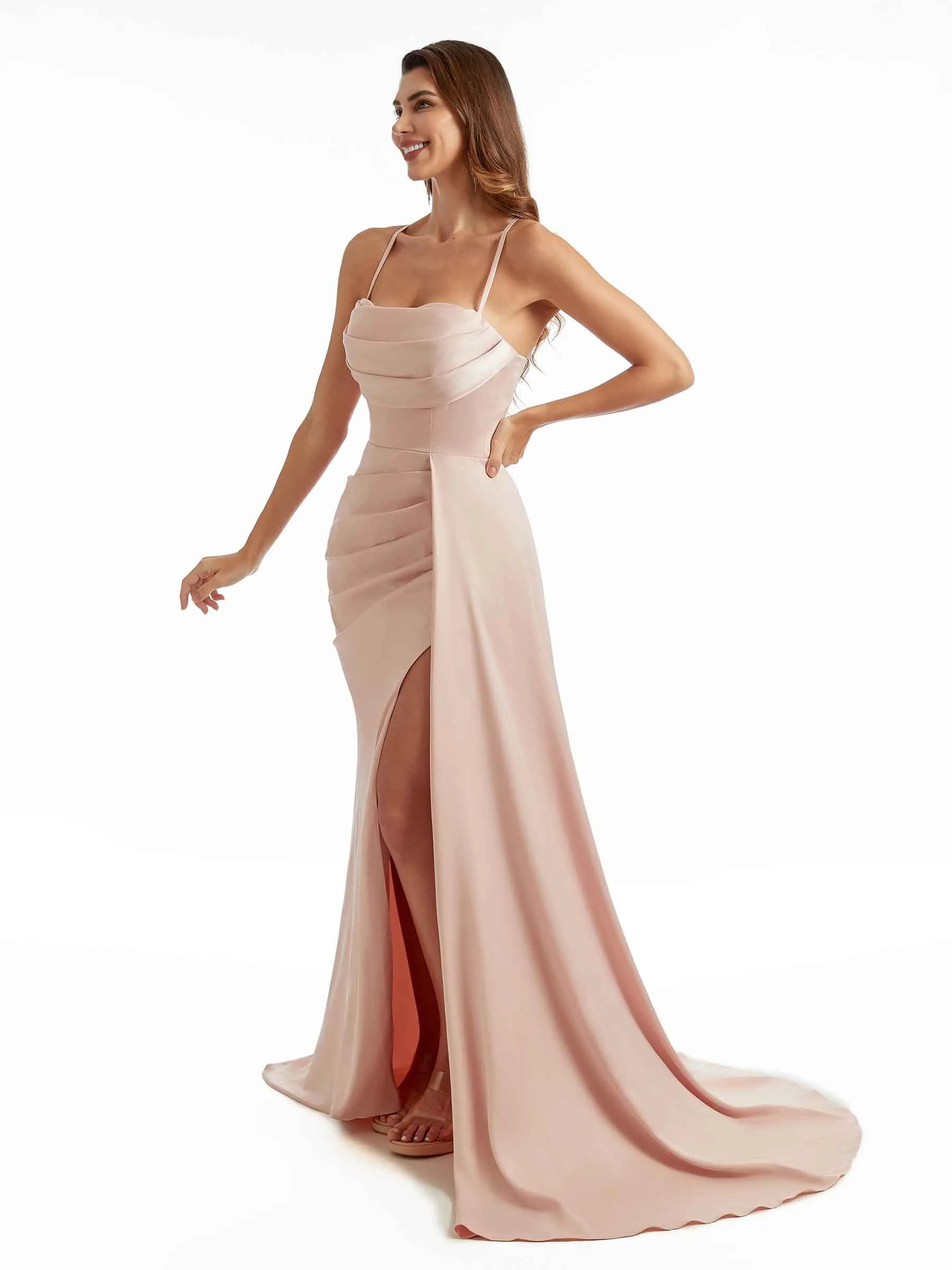 Sexy Side Split Spaghetti Straps Mermaid Long Satin Formal Pleated Bridesmaid Dresses sold by ChicSew product image thumbnail 4