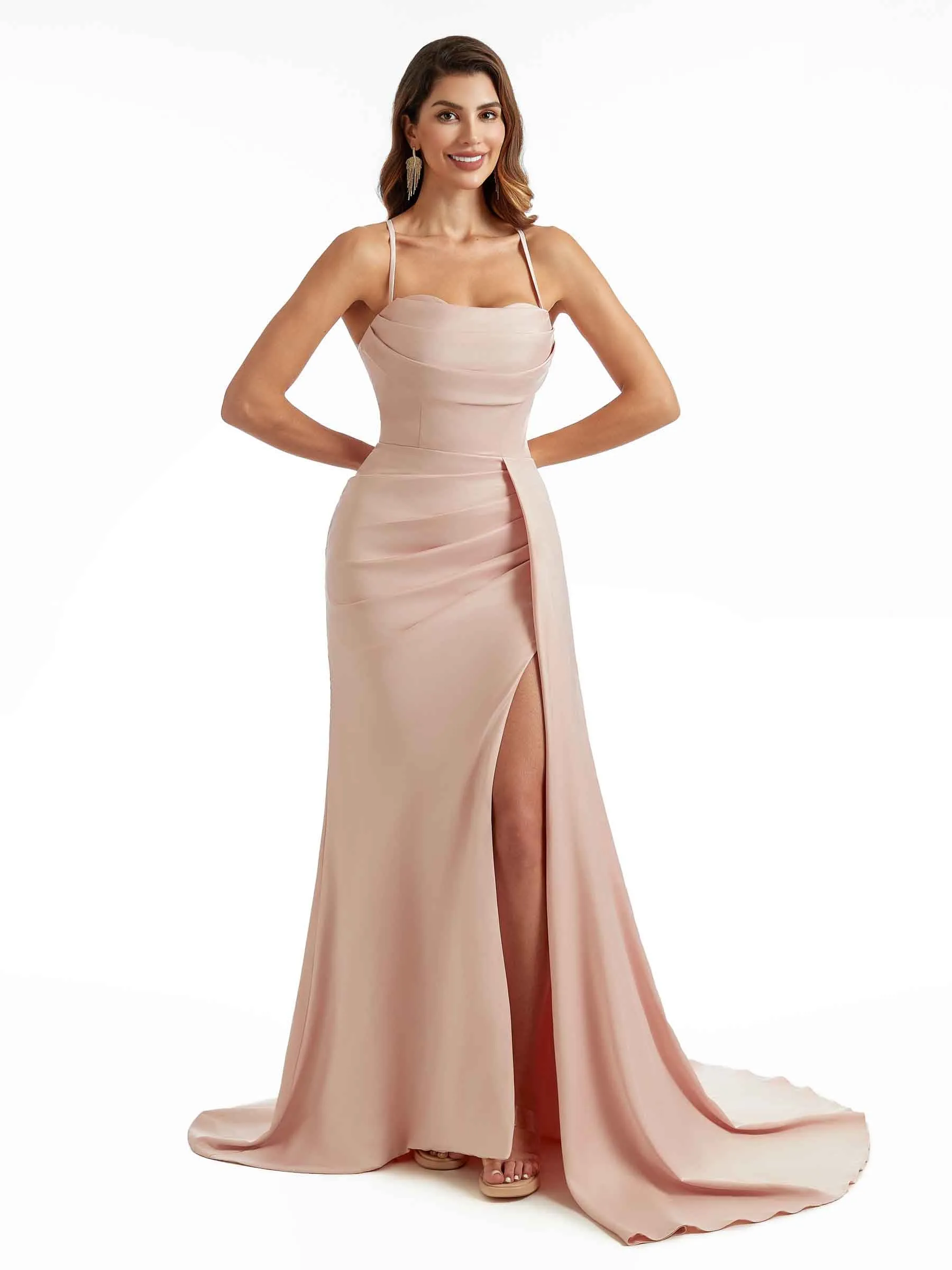 Sexy Side Split Spaghetti Straps Mermaid Long Satin Formal Pleated Bridesmaid Dresses sold by ChicSew product image thumbnail 5