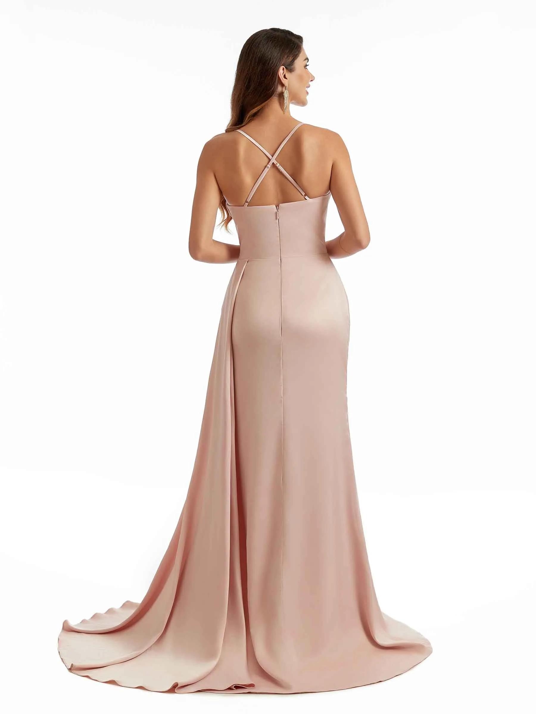 Sexy Side Split Spaghetti Straps Mermaid Long Satin Formal Pleated Bridesmaid Dresses sold by ChicSew product image thumbnail 3