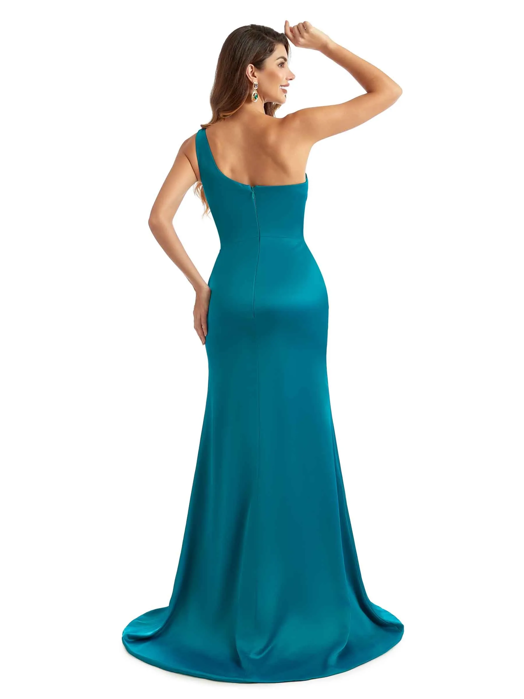 Sexy Side Slit One Shoulder Long Stretchy Satin Unique Formal Wedding Party Dresses sold by ChicSew product image thumbnail 3