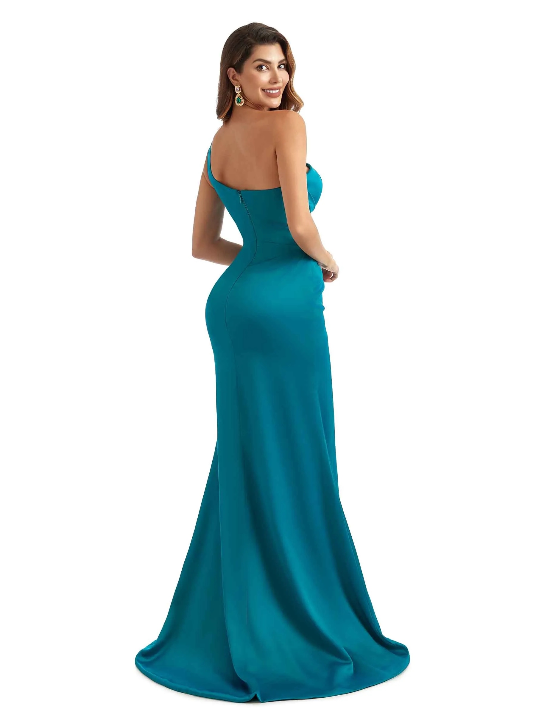 Sexy Side Slit One Shoulder Long Stretchy Satin Unique Formal Wedding Party Dresses sold by ChicSew product image thumbnail 5
