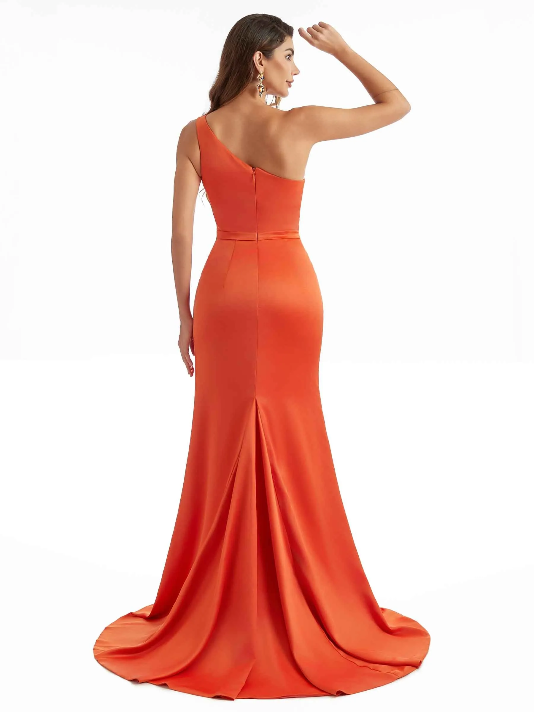 Satin Sexy Side Split One Shoulder Mermaid Maxi Wedding Bridesmaid Dresses Online sold by ChicSew product image thumbnail 3
