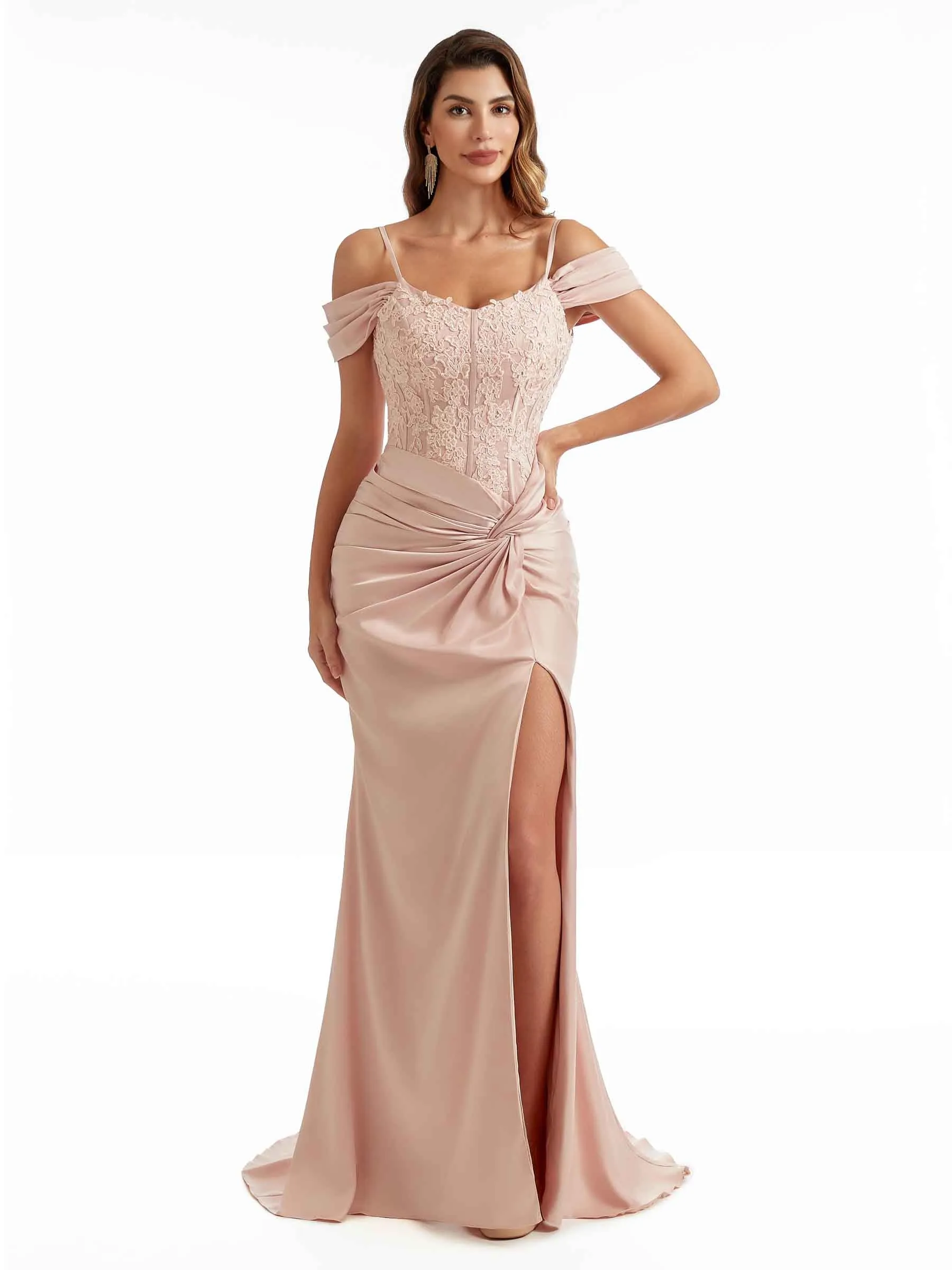 Sexy Side Split Cold Shoulder Lace Top Maxi Satin Modern Formal Bridesmaid Dresses Online sold by ChicSew product image thumbnail 5