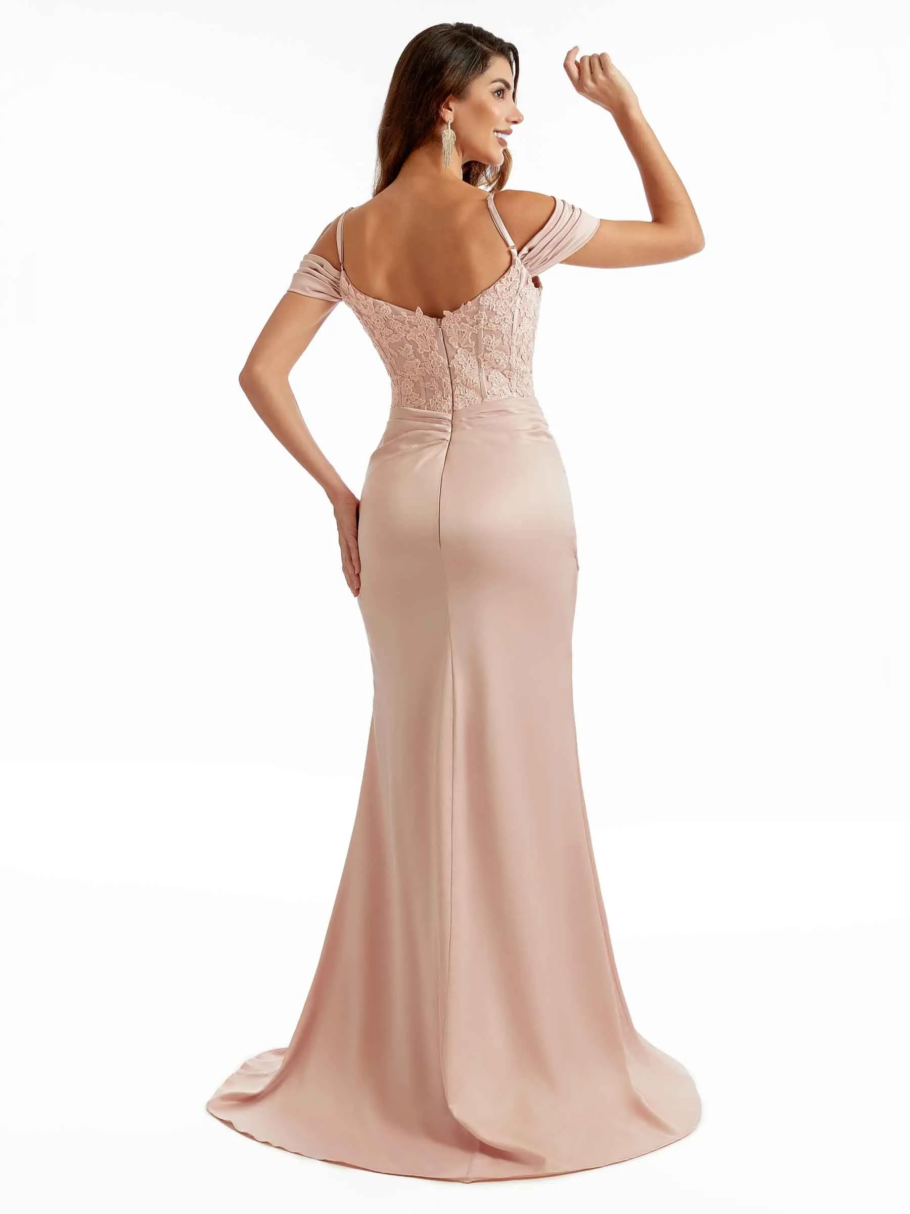Sexy Side Split Cold Shoulder Lace Top Maxi Satin Modern Formal Bridesmaid Dresses Online sold by ChicSew product image thumbnail 3