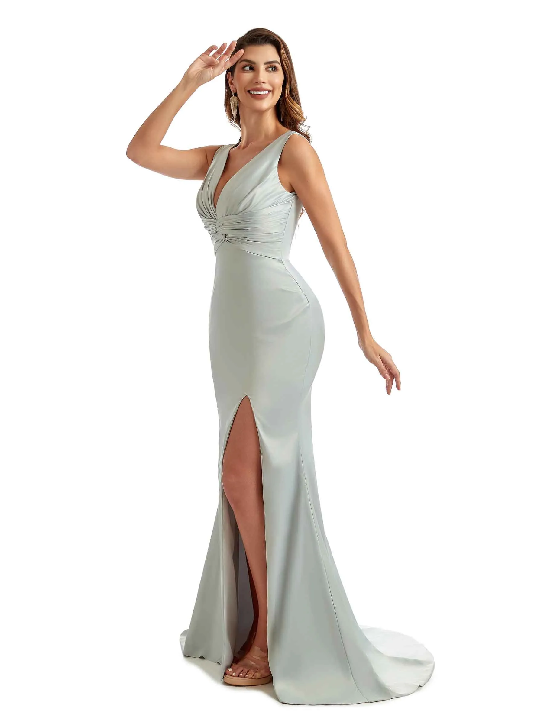 Sexy Side Split V-Neck Long Satin Unique Formal Wedding Bridesmaid Dresses Online sold by ChicSew product image thumbnail 4