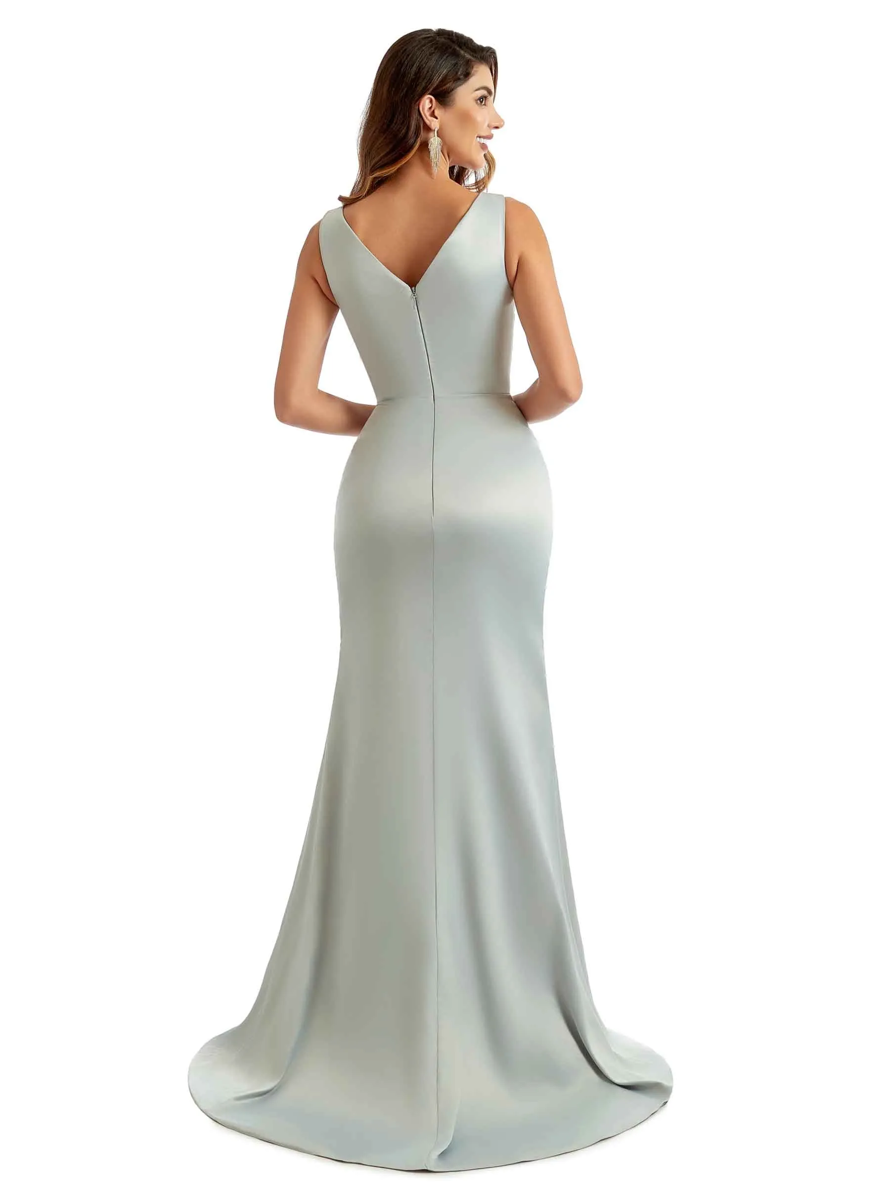 Sexy Side Split V-Neck Long Satin Unique Formal Wedding Bridesmaid Dresses Online sold by ChicSew product image thumbnail 3