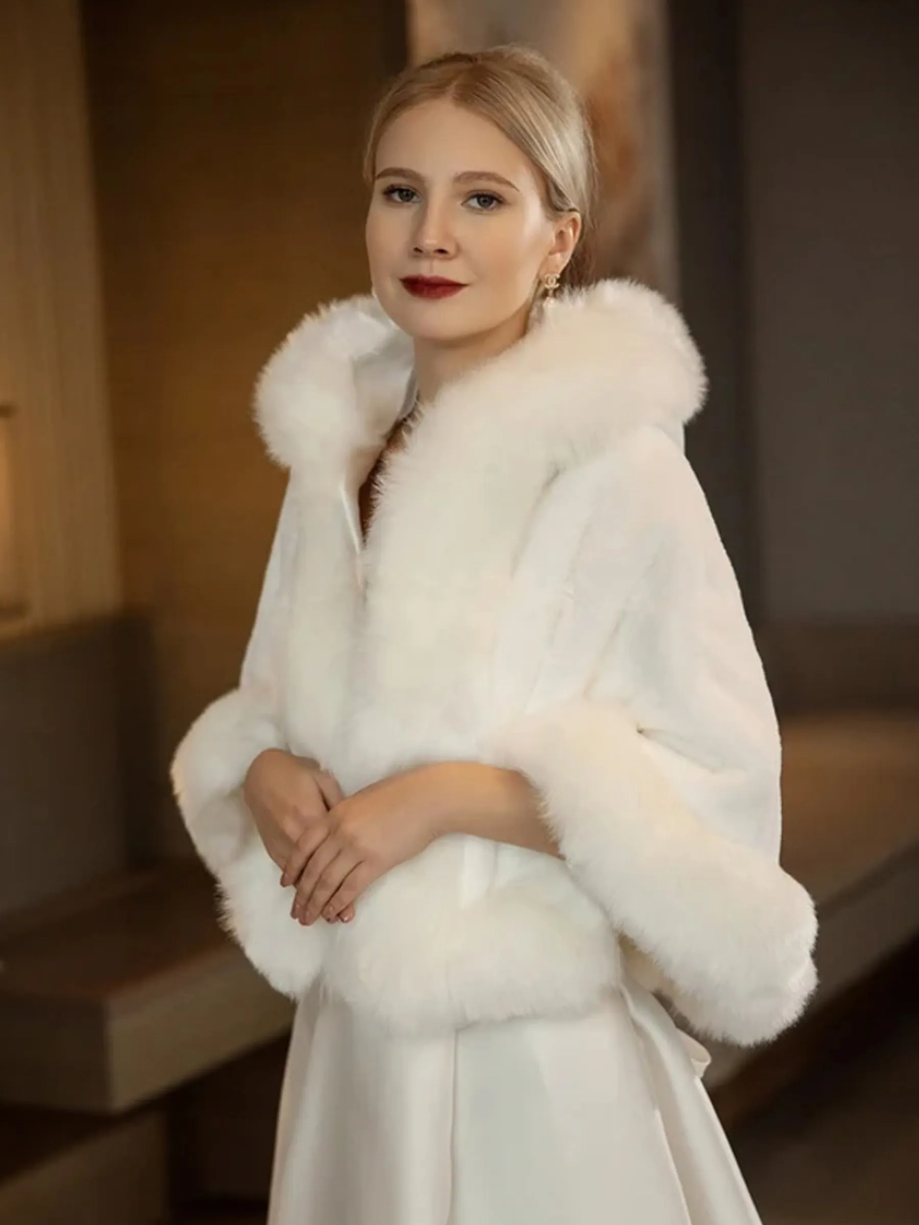 Hooded Faux Fur Shawl Wrap Stoles for Brides sold by ChicSew product image thumbnail 2
