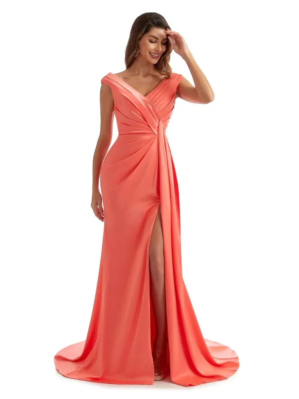 Sexy Side Split Long Satin V-neck Unique Formal Maid of Honour Dresses Online sold by ChicSew
