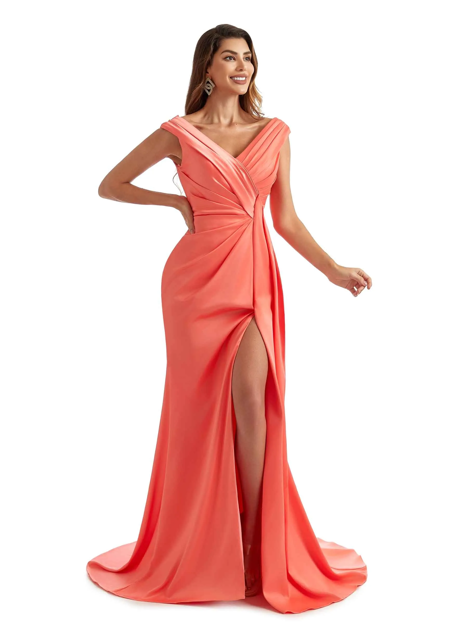 Sexy Side Split Long Satin V-neck Unique Formal Maid of Honour Dresses Online sold by ChicSew product image thumbnail 4