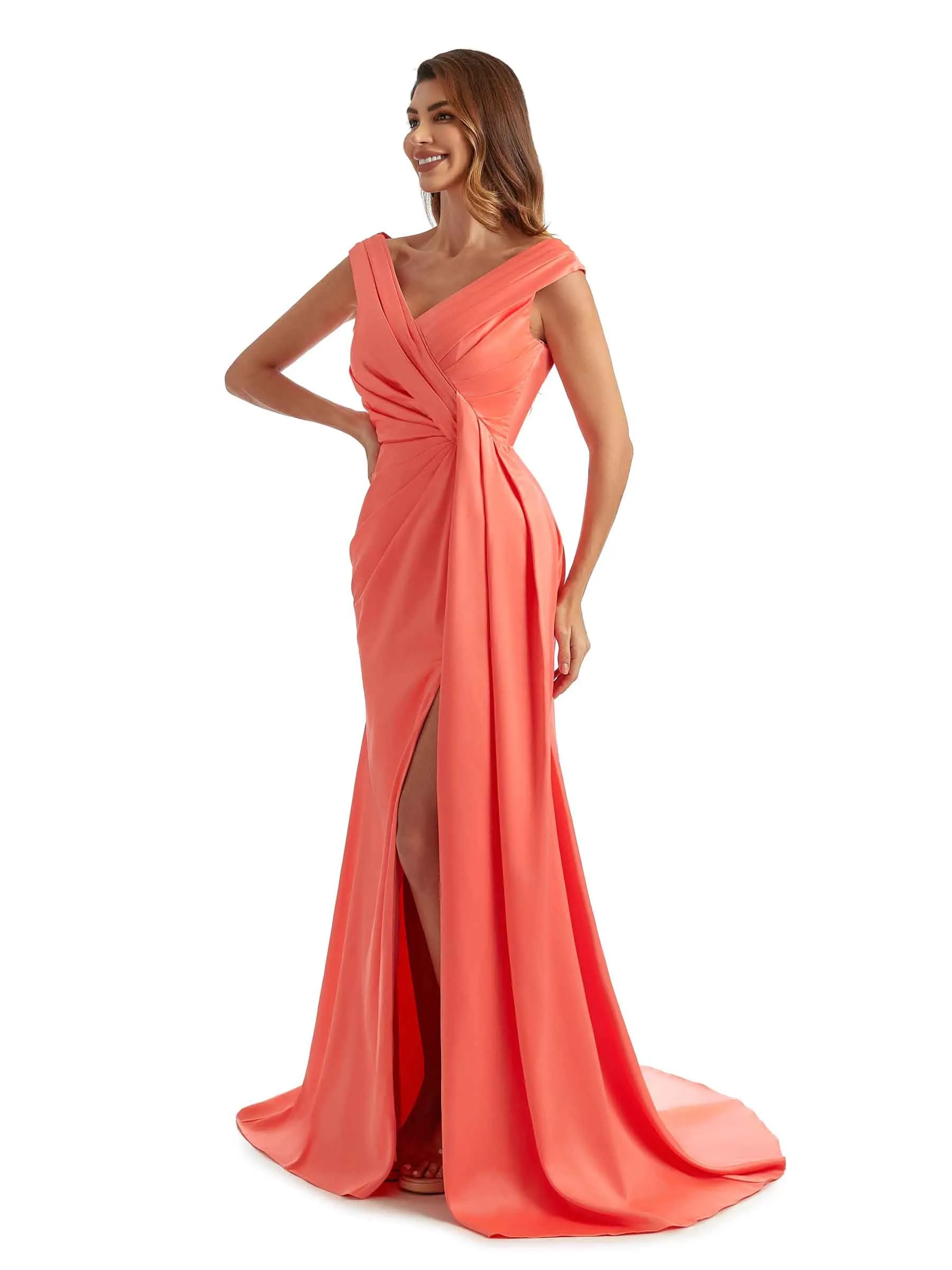Sexy Side Split Long Satin V-neck Unique Formal Maid of Honour Dresses Online sold by ChicSew product image thumbnail 5