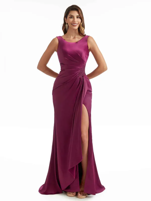 Women Scoop Sleeveless Side Split Long Satin Chic Formal Bridesmaid Dresses Online sold by ChicSew