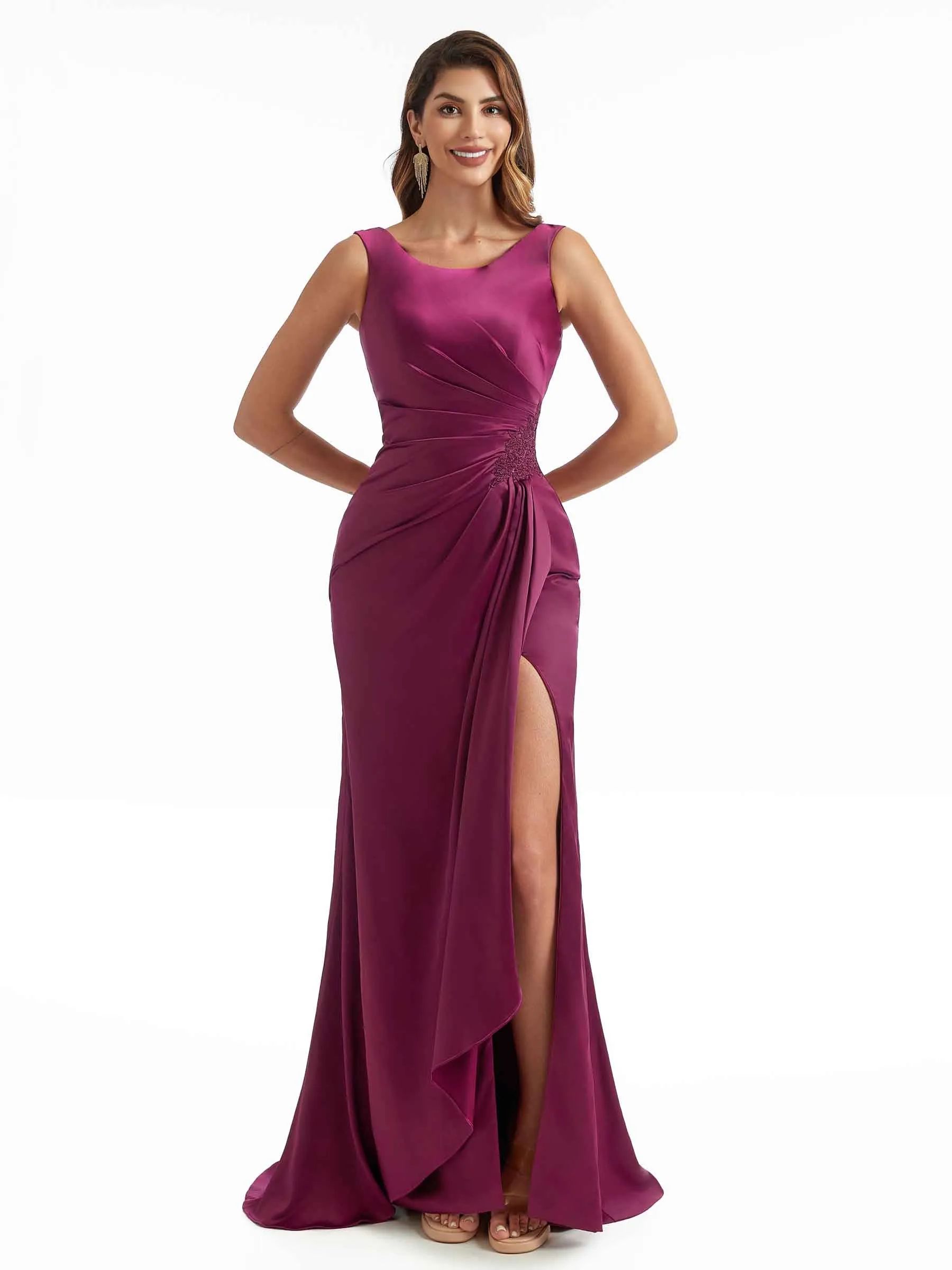 Women Scoop Sleeveless Side Split Long Satin Chic Formal Bridesmaid Dresses Online sold by ChicSew